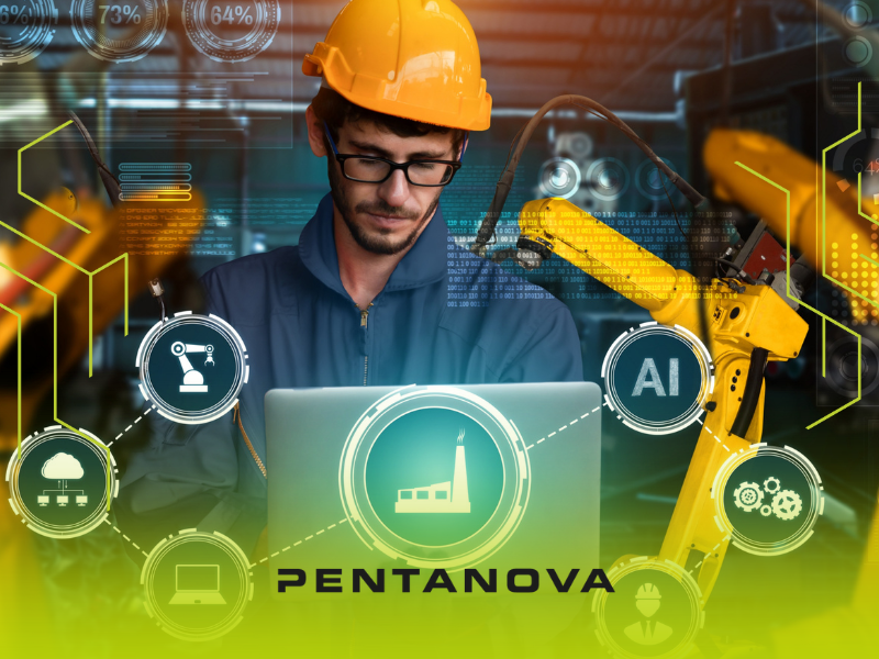 Técnico operando notebook ao lado de braço robótico, representando a aplicação da manutenção preditiva com IA na indústria.